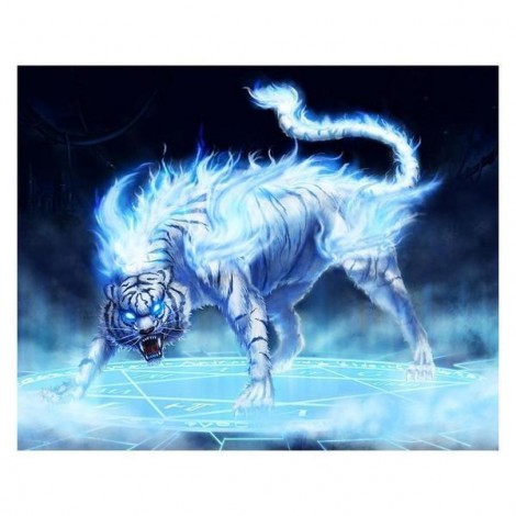 Grosses Soldes De Rêve Animaux Tigre Bleu Avec Le Feu - 5D Kit Broderie Diamants/Diamond Painting